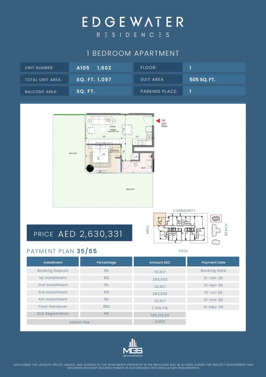Floor plan for Unit A105