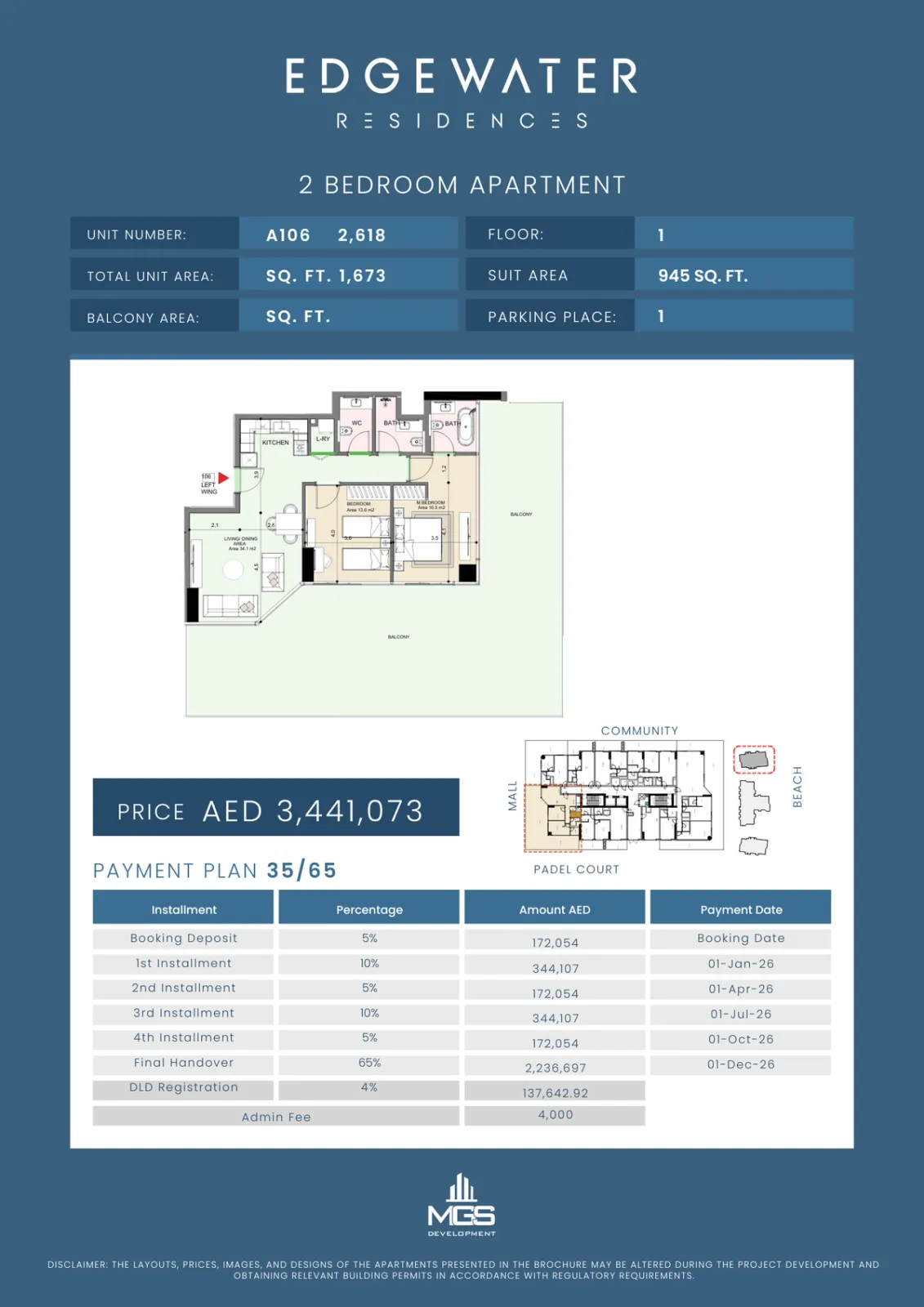 Floor plan for Unit A106