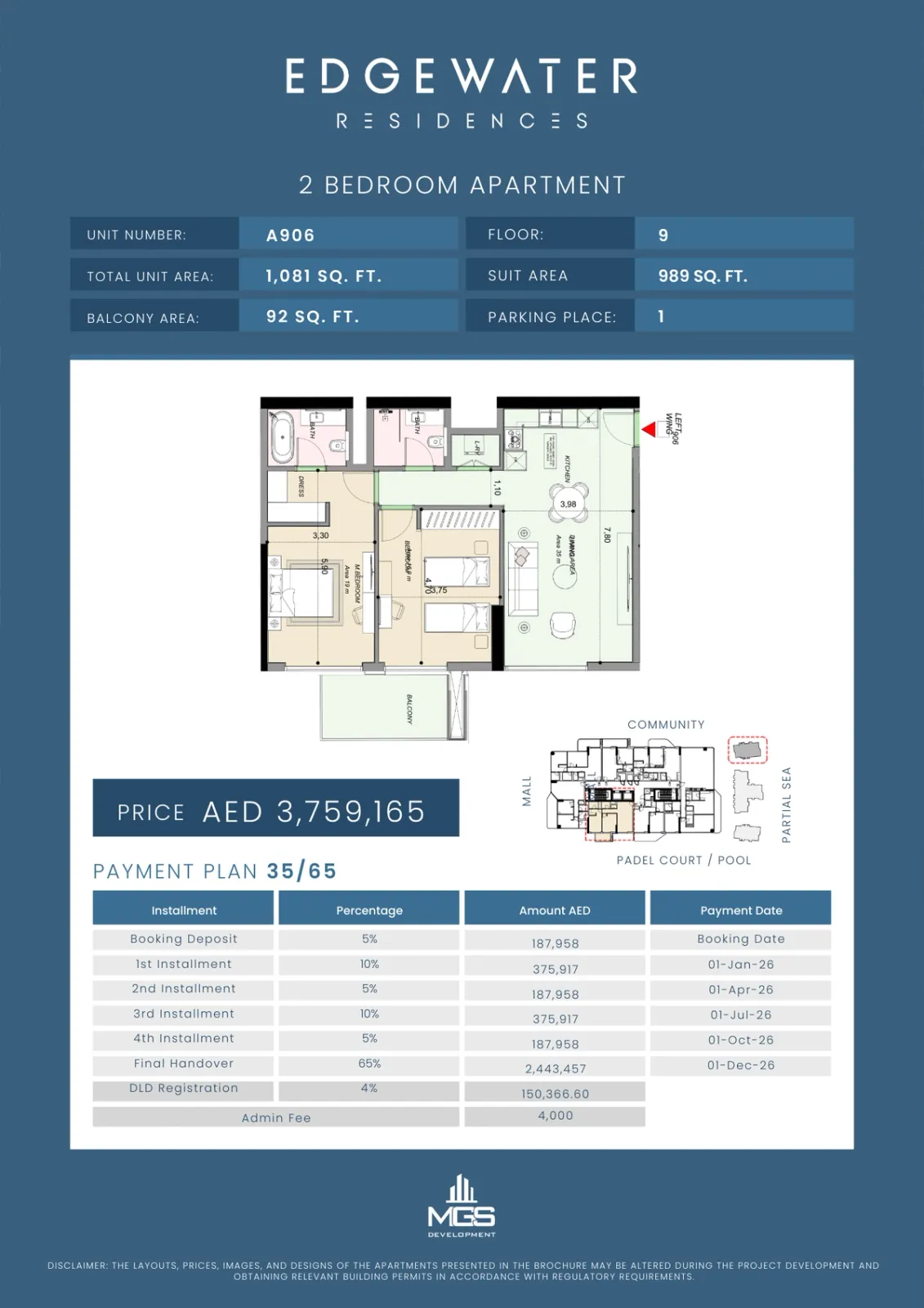 Floor plan for Unit A906