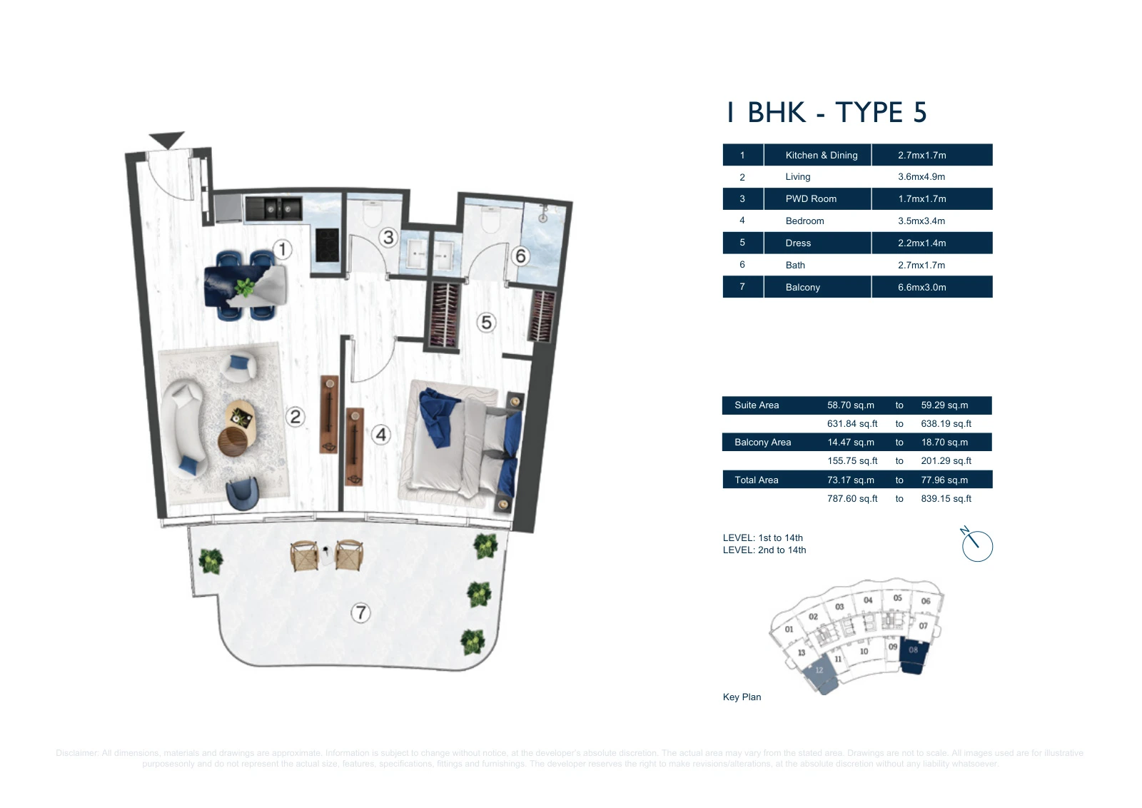 Floor plan for 1 BHK - Type 5
