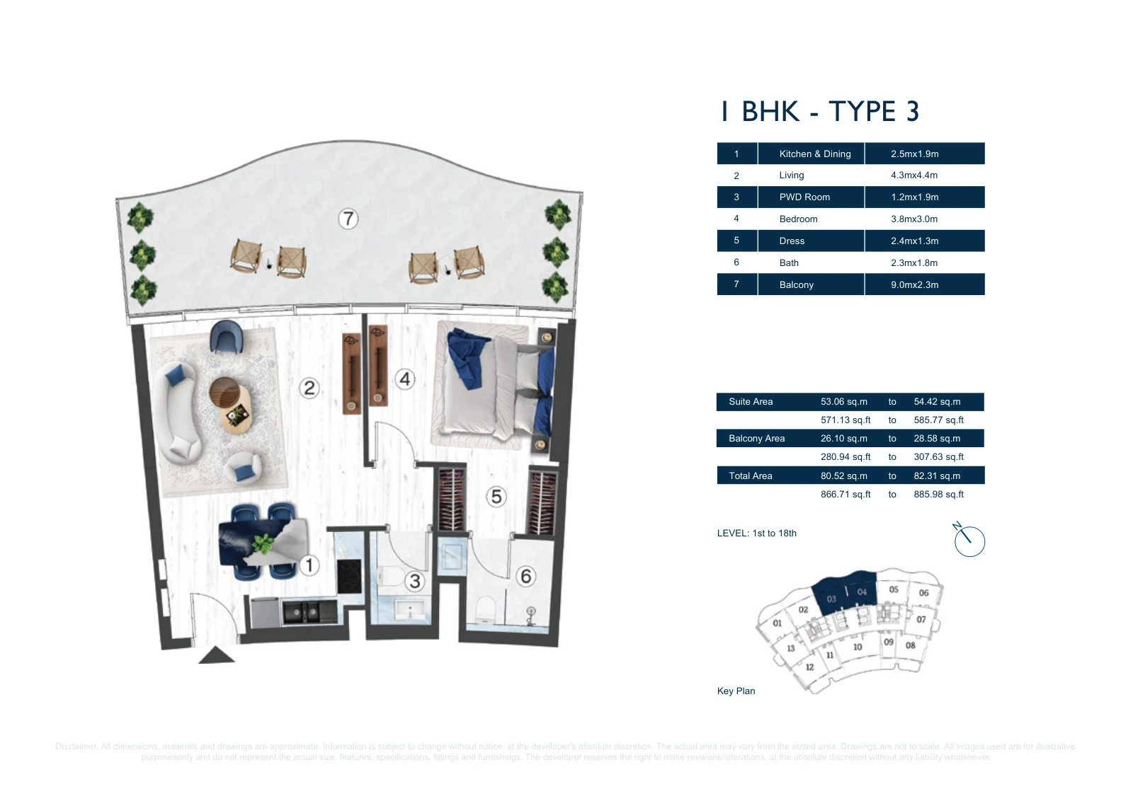 Floor plan for 1 BHK - Type 3