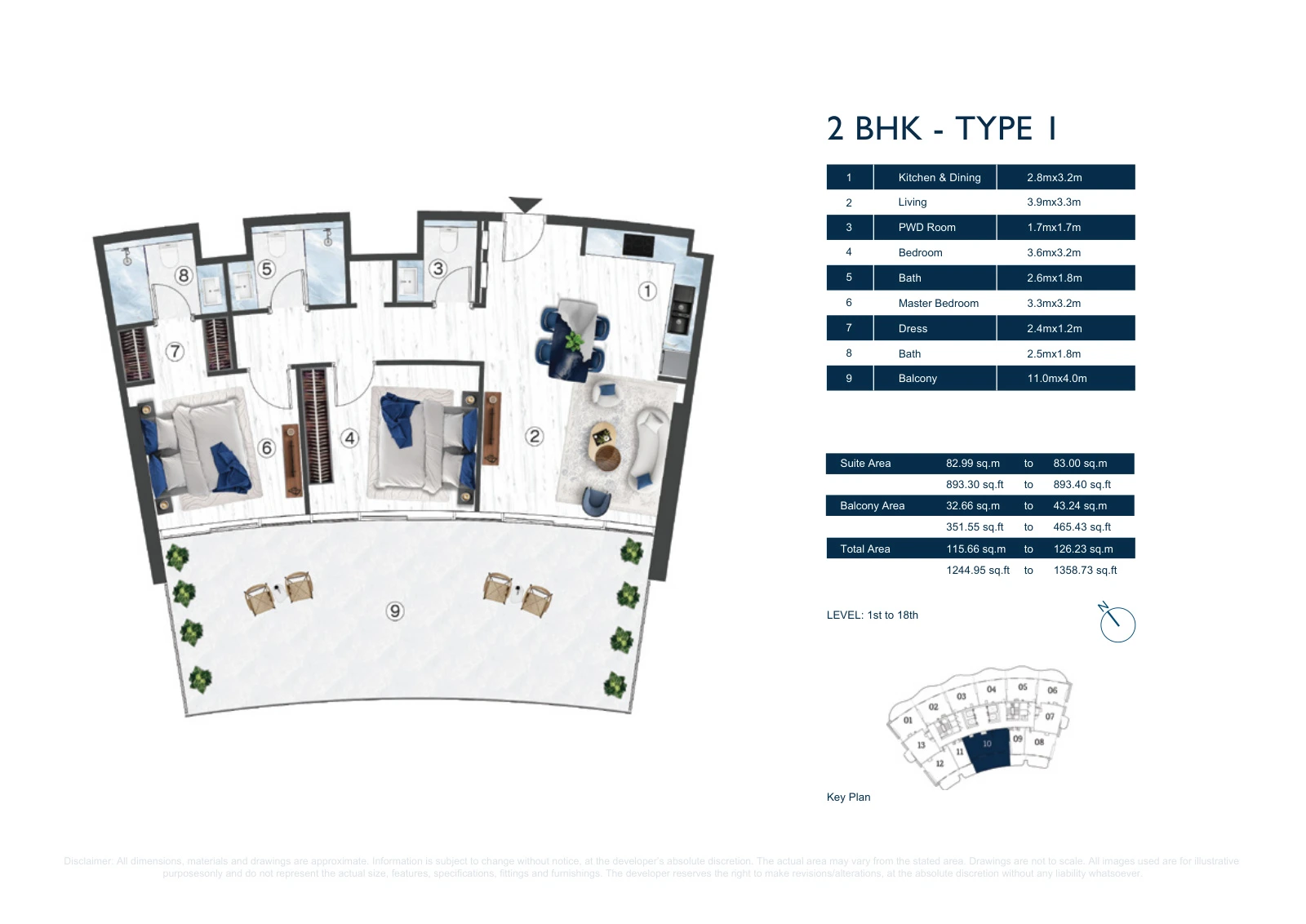 Floor plan for 2 BHK - Type 1