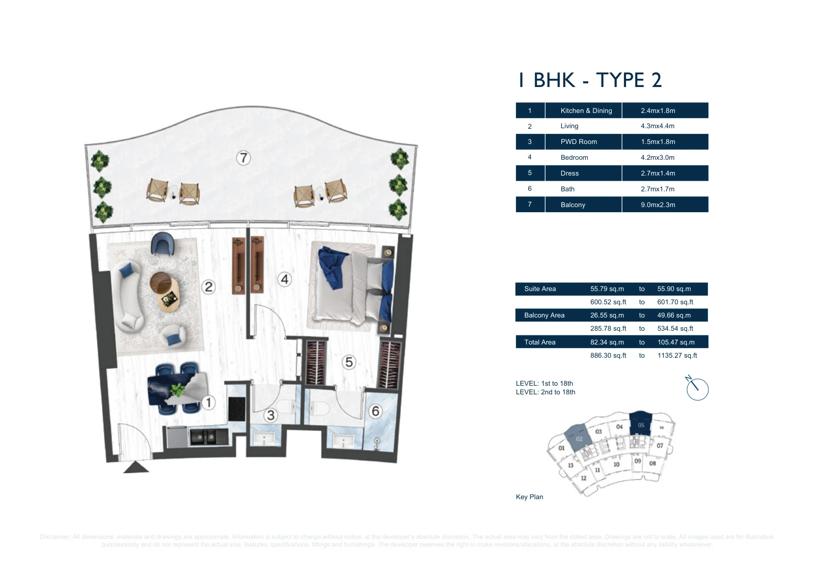Floor plan for 1 BHK - Type 2