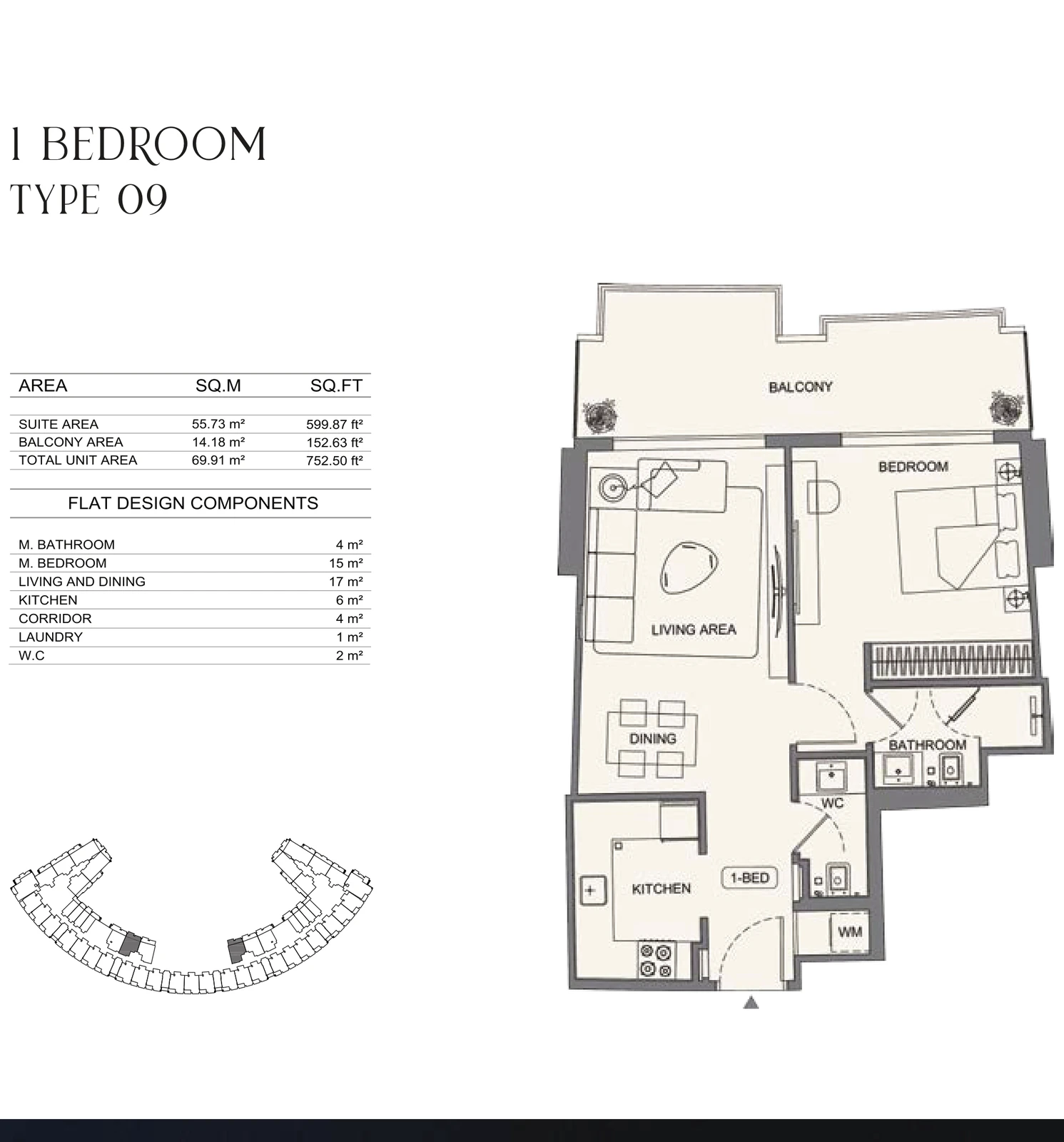 Floor plan for 1 Bedroom - Type 09