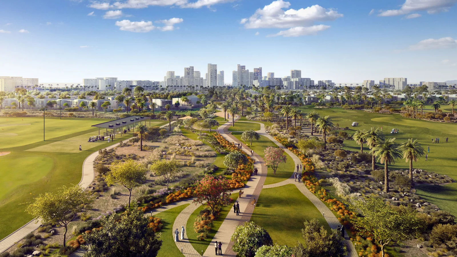 Aerial view of the Golf Fields community in Emaar South, with low-rise residences around the 18-hole golf course and landscaped parkland