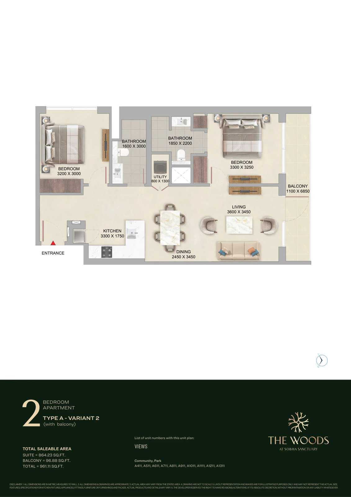Floor plan for 2 Bedroom – Type A (Variant 2)