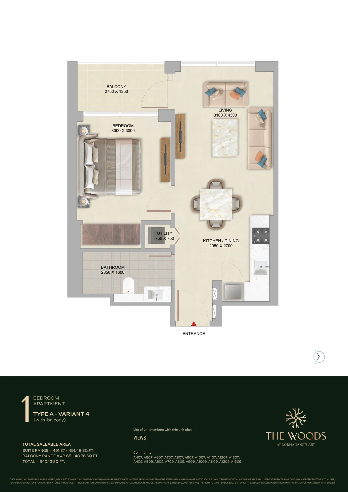 Floor plan for 1 Bedroom – Type A (Variant 4)