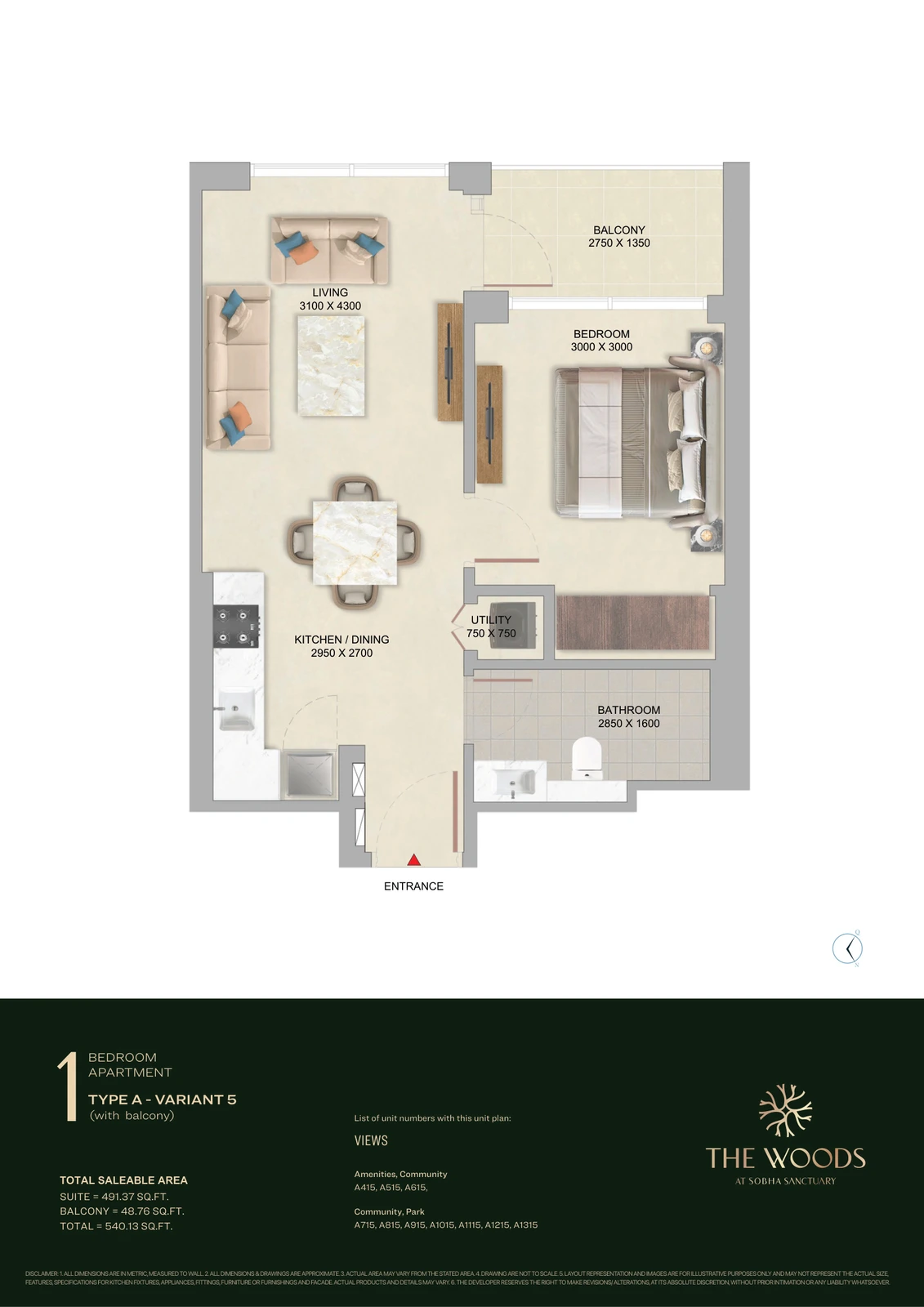 Floor plan for 1 Bedroom – Type A (Variant 5)