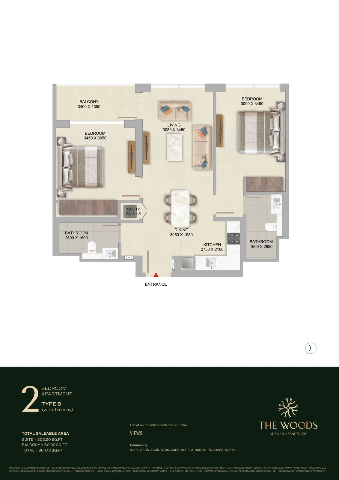 Floor plan for 2 Bedroom – Type B