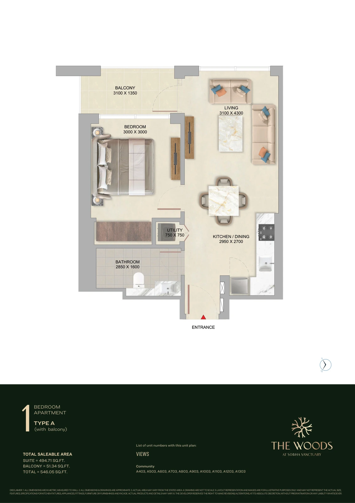 Floor plan for 1 Bedroom – Type A