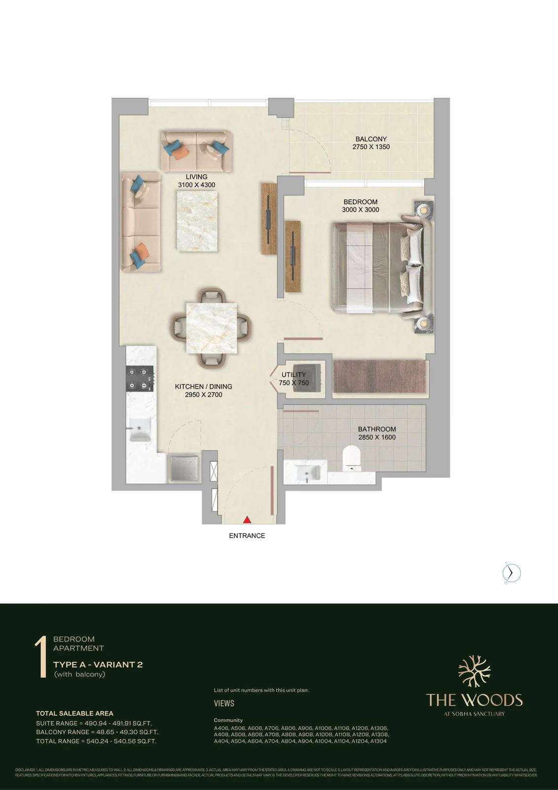 Floor plan for 1 Bedroom – Type A (Variant 2)