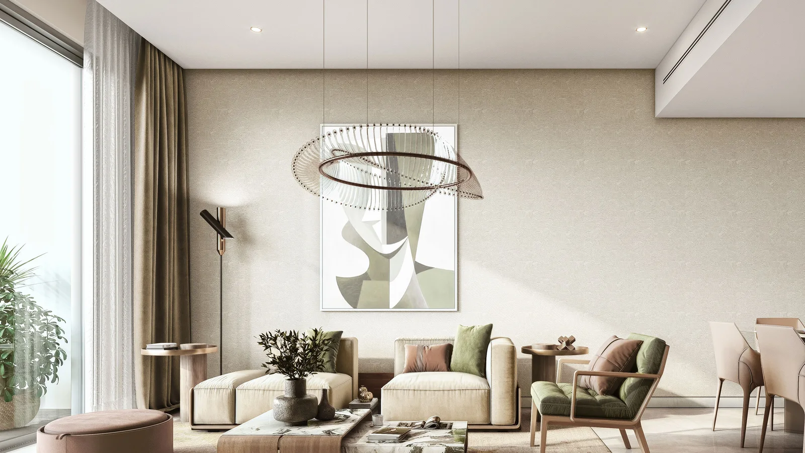 Living room interior at The Woods with a neutral palette and balcony glazing