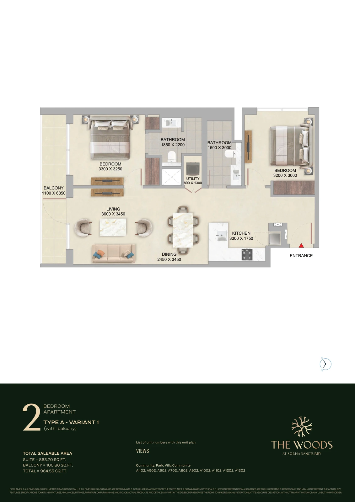 Floor plan for 2 Bedroom – Type A (Variant 1)
