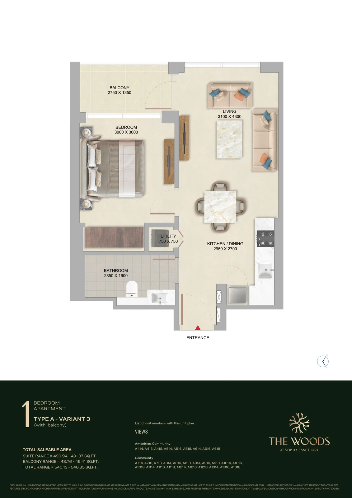 Floor plan for 1 Bedroom – Type A (Variant 3)