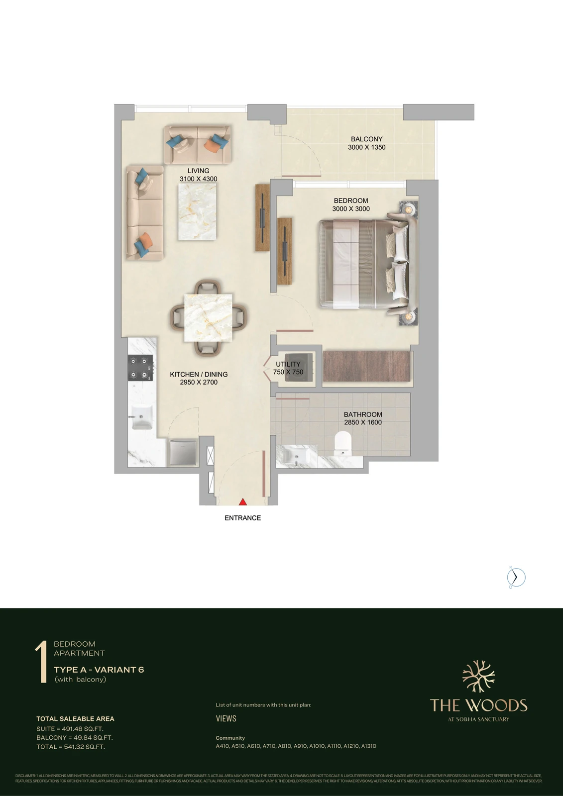 Floor plan for 1 Bedroom – Type A (Variant 6)