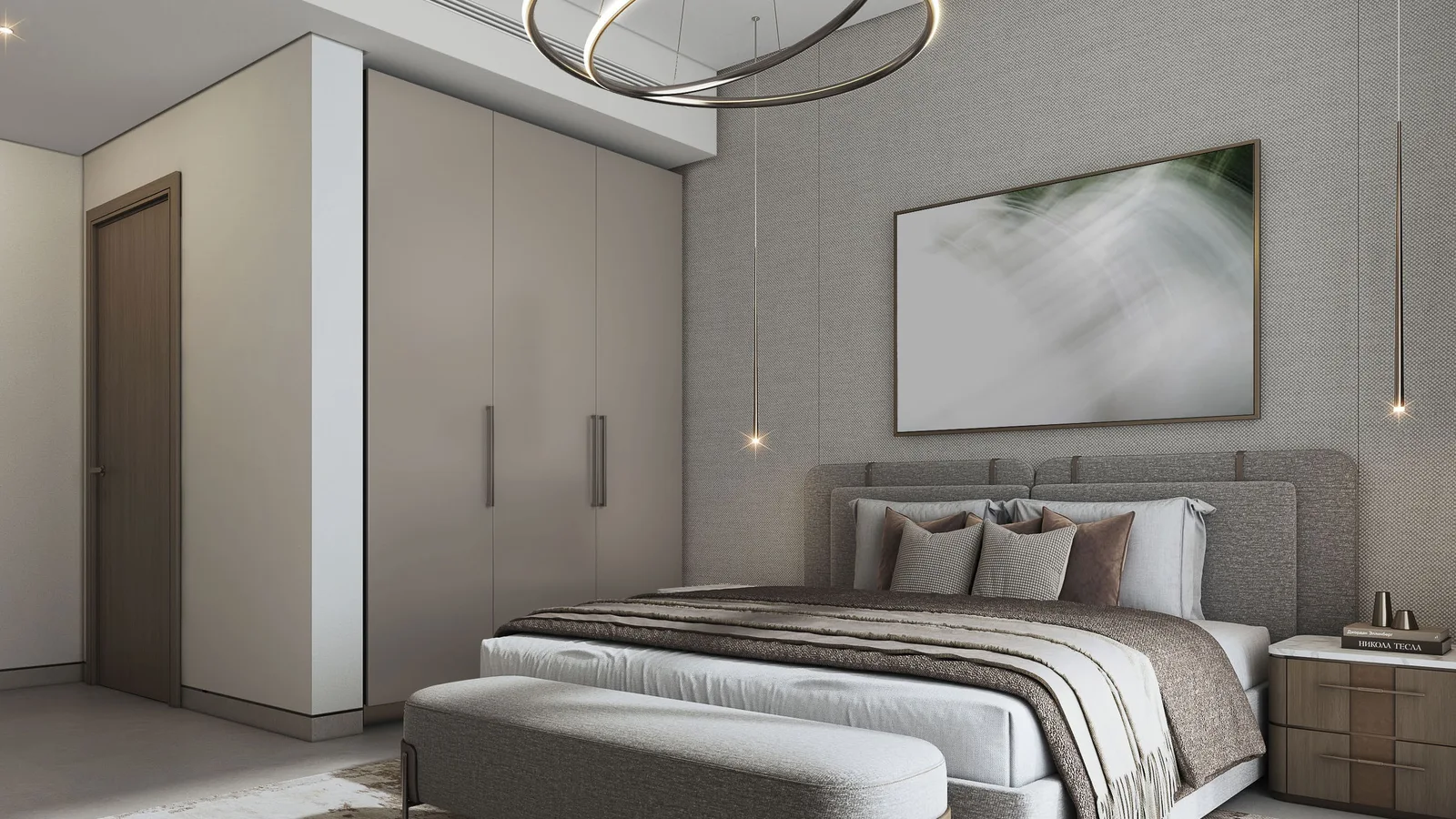 Master bedroom interior at The Woods with built-in wardrobes and designer lighting