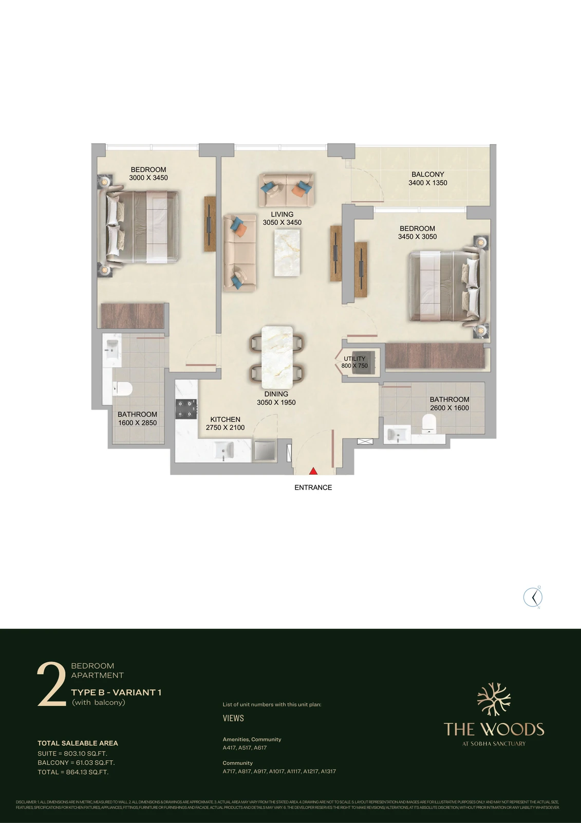 Floor plan for 2 Bedroom – Type B (Variant 1)