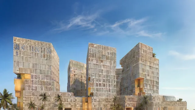 Exterior view of the five mashrabiya-clad towers of John Richmond District in Al Furjan