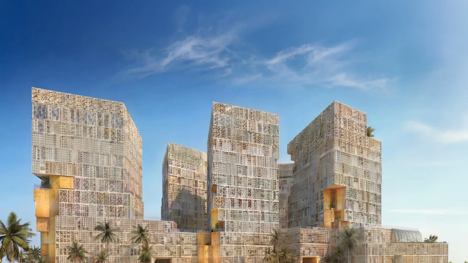 Exterior view of the five mashrabiya-clad towers of John Richmond District in Al Furjan