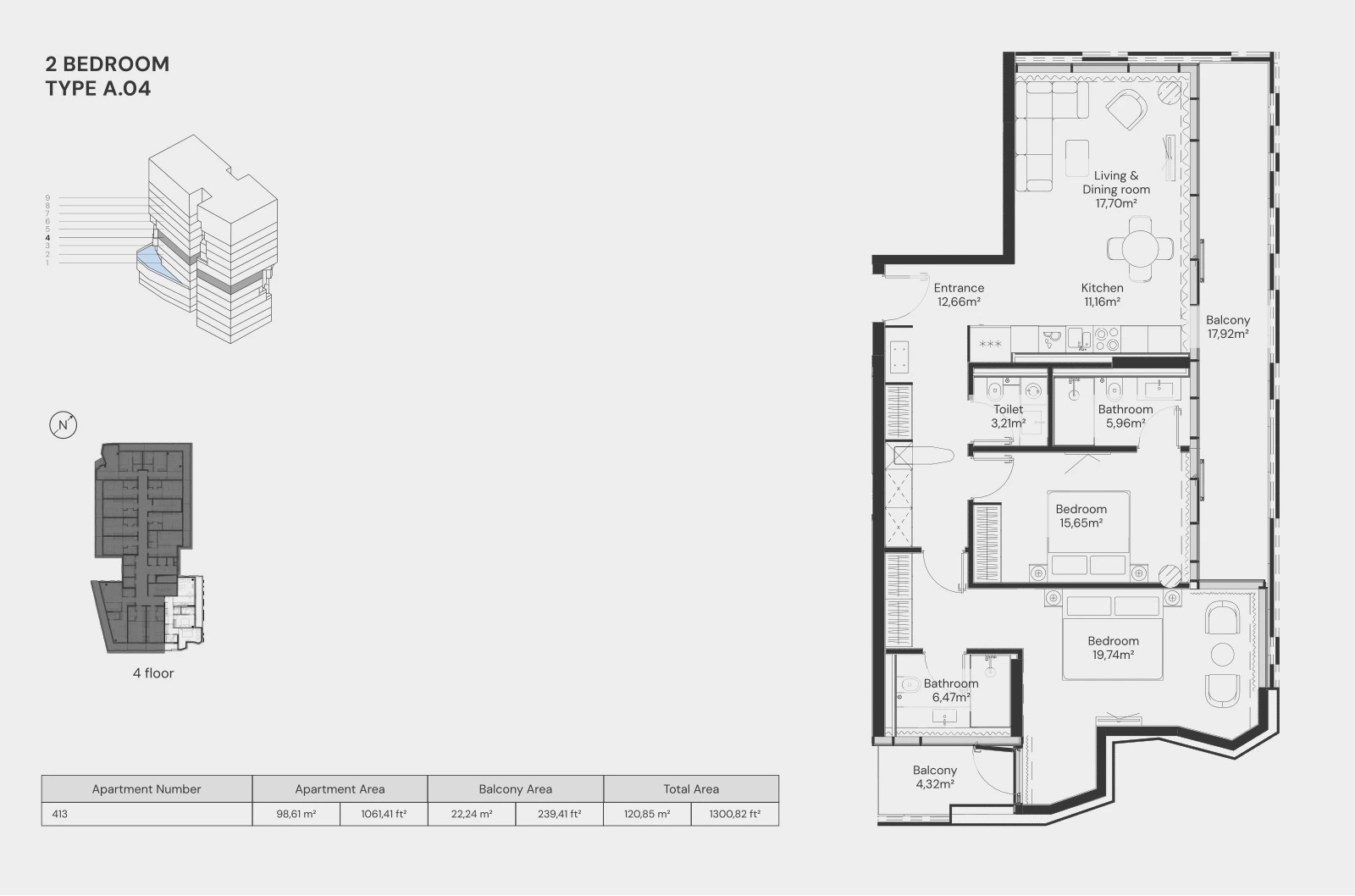 Floor plan for 2 Bedroom – Type A.04