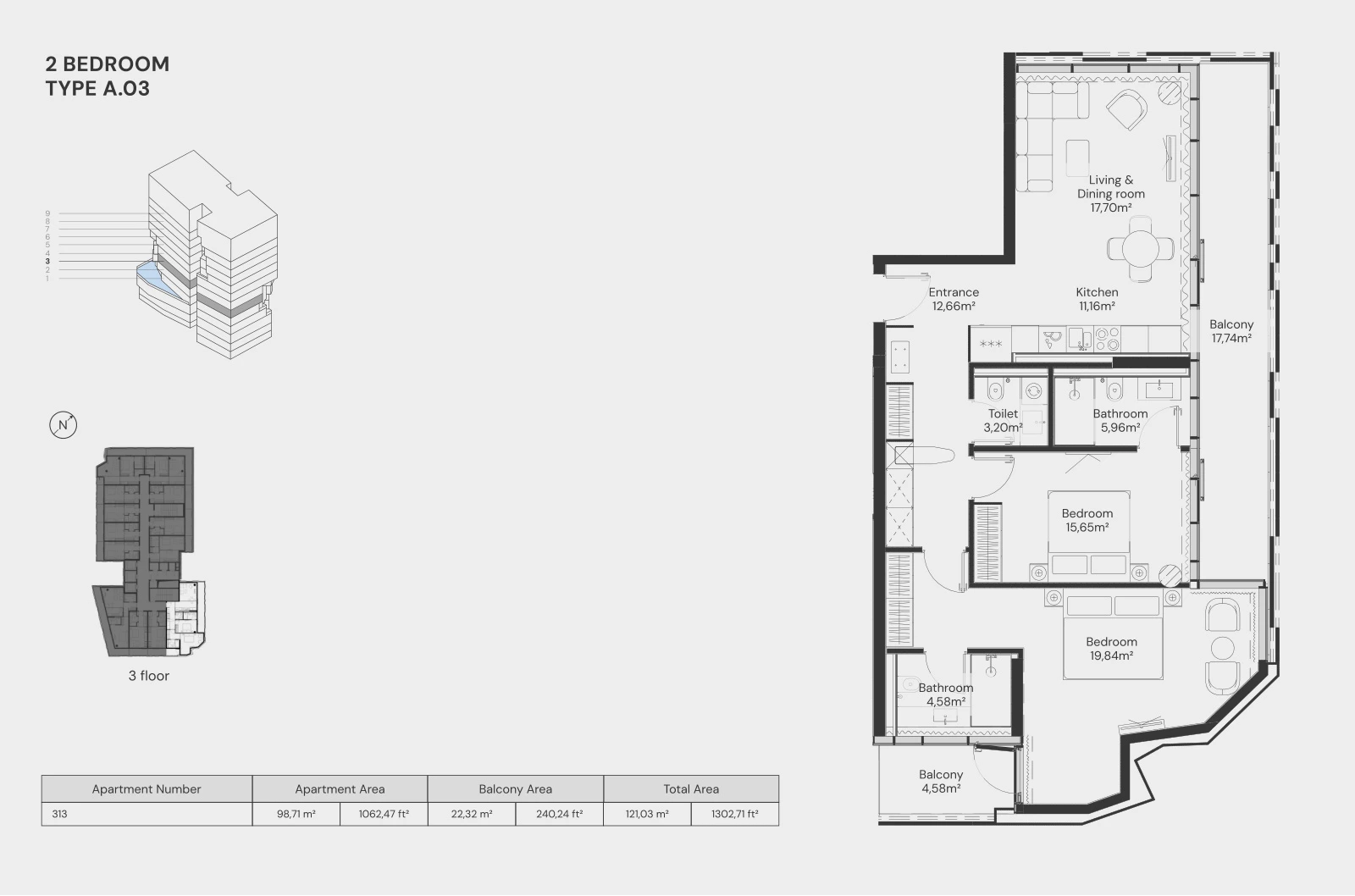 Floor plan for 2 Bedroom – Type A.03
