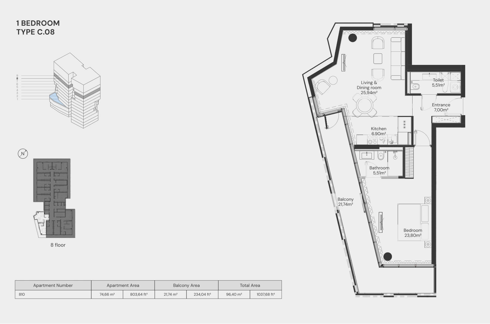 Floor plan for 1 Bedroom – Type C.08