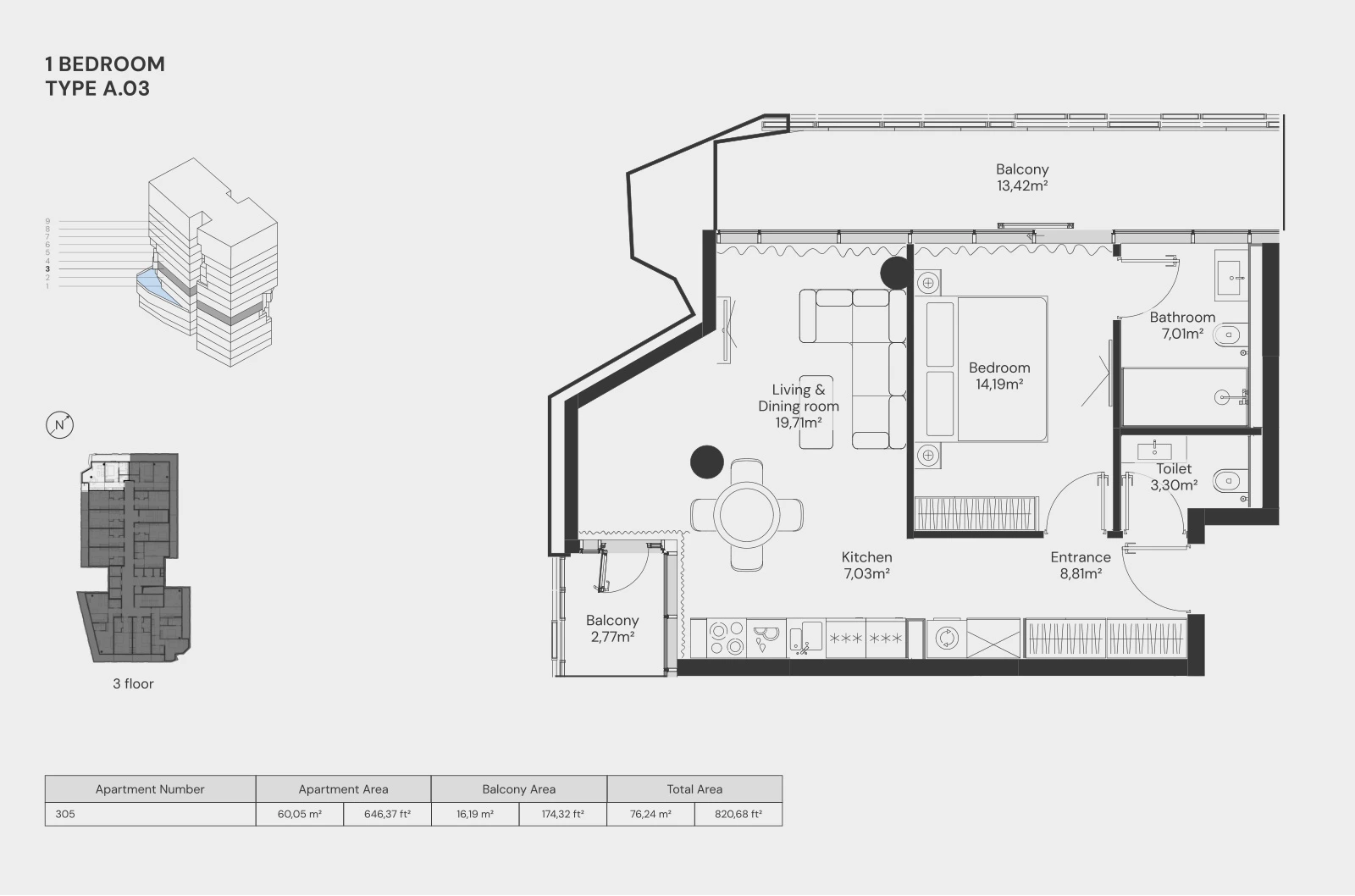 Floor plan for 1 Bedroom – Type A.03