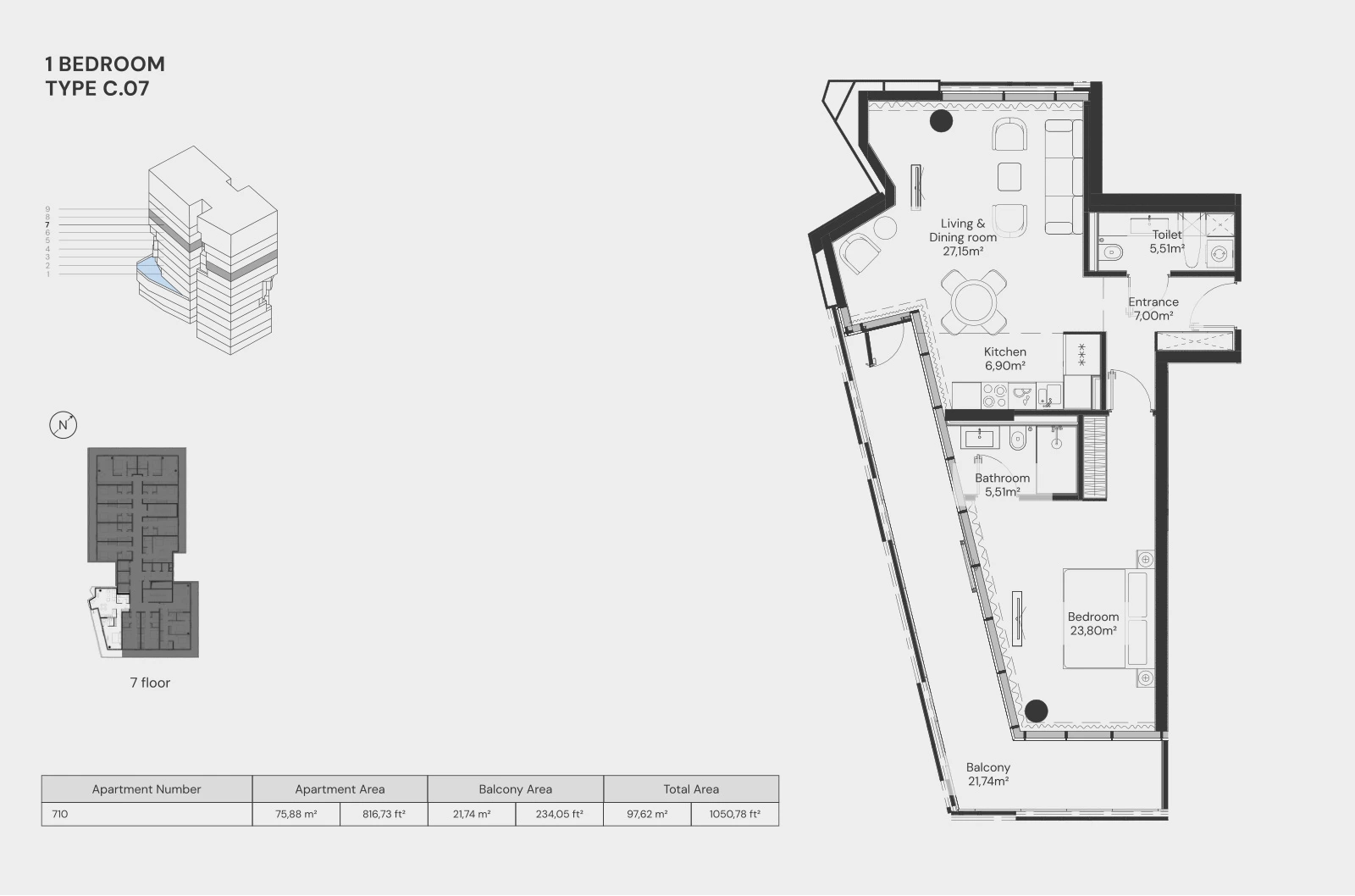 Floor plan for 1 Bedroom – Type C.07