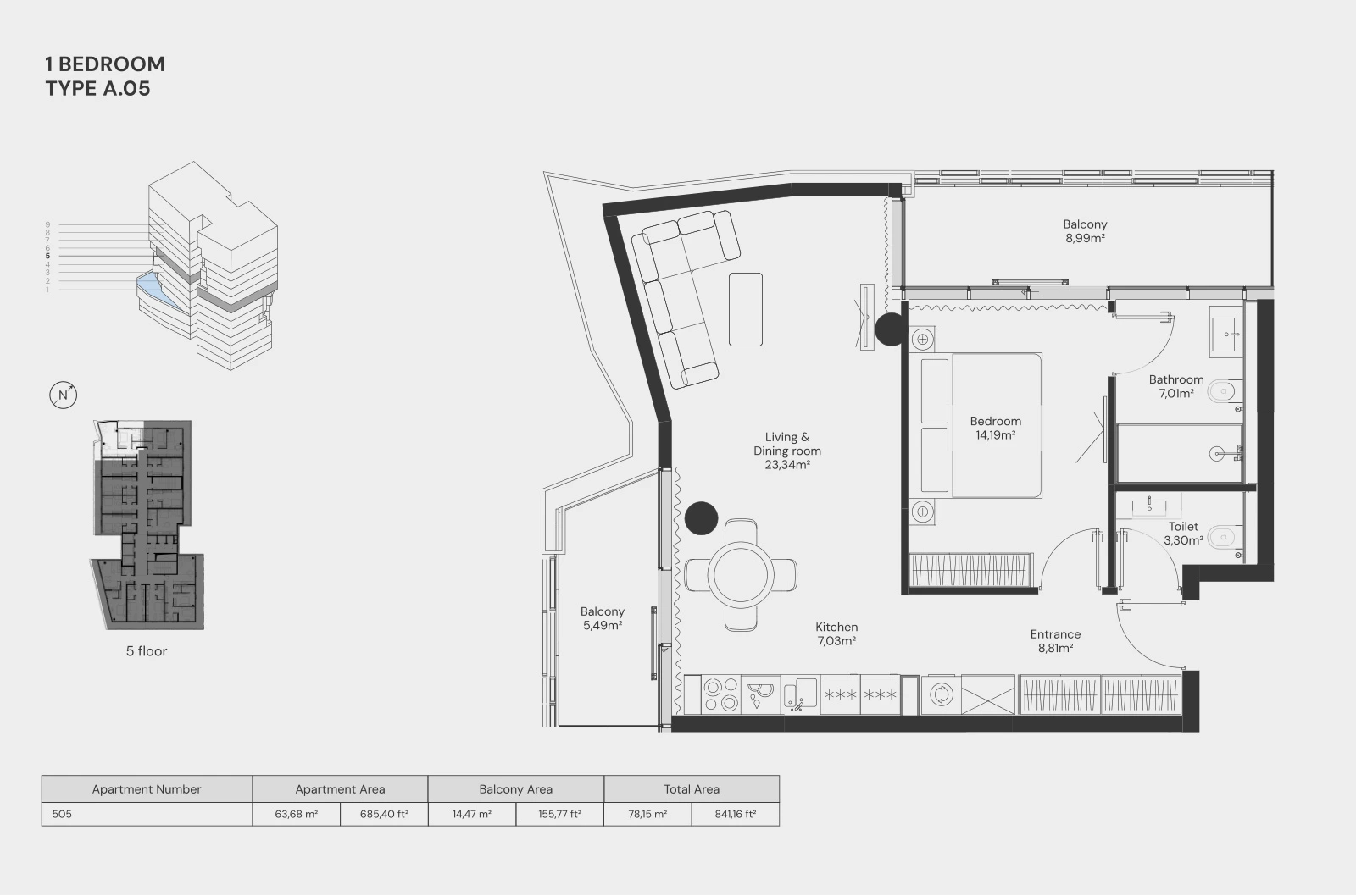Floor plan for 1 Bedroom – Type A.05