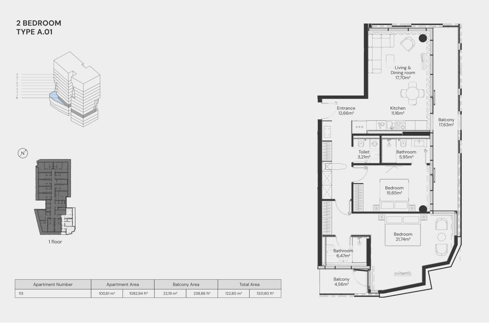 Floor plan for 2 Bedroom – Type A.01