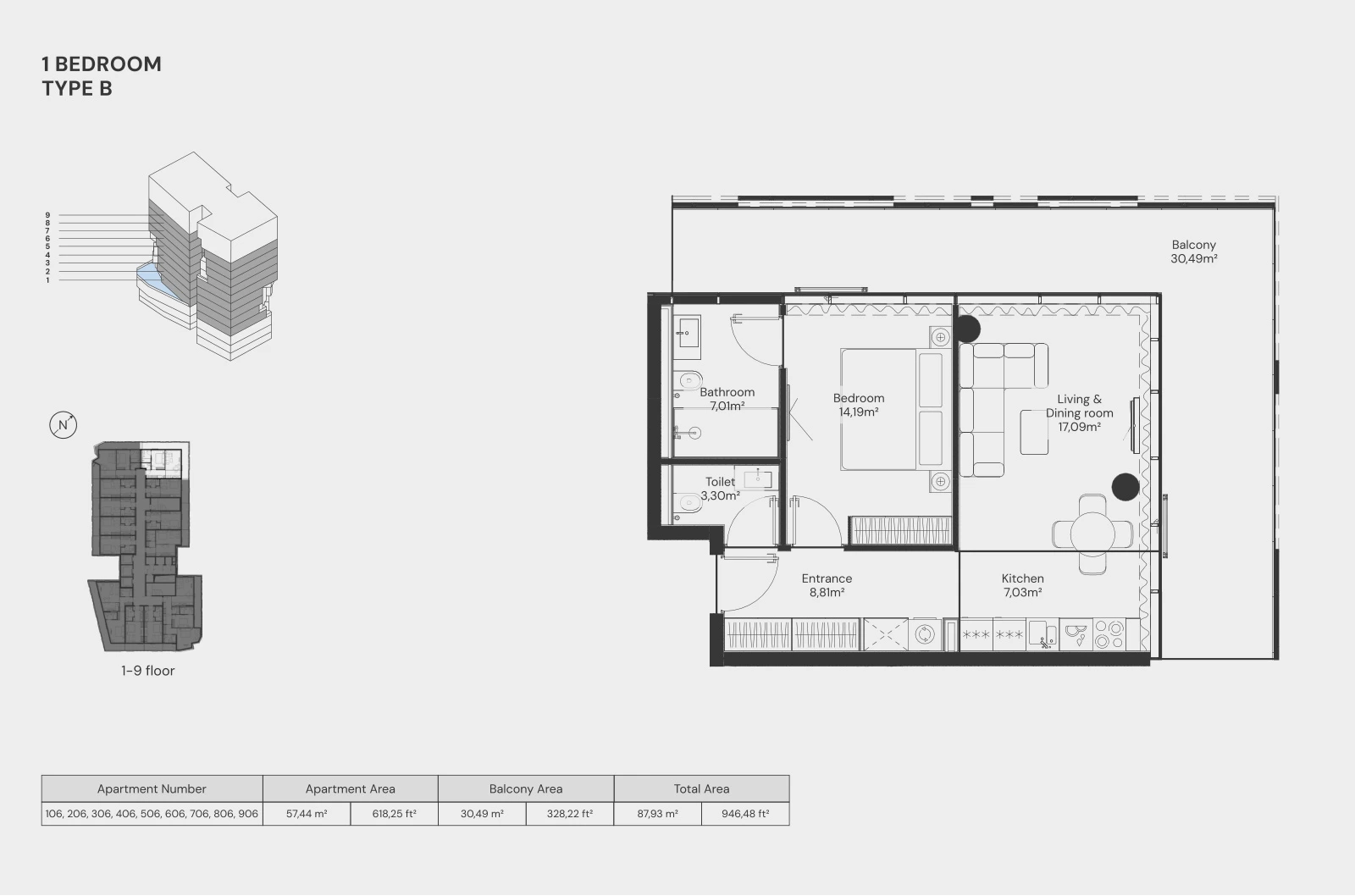 Floor plan for 1 Bedroom – Type B