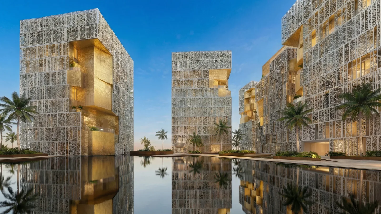 The John Richmond District towers reflected in the community pools