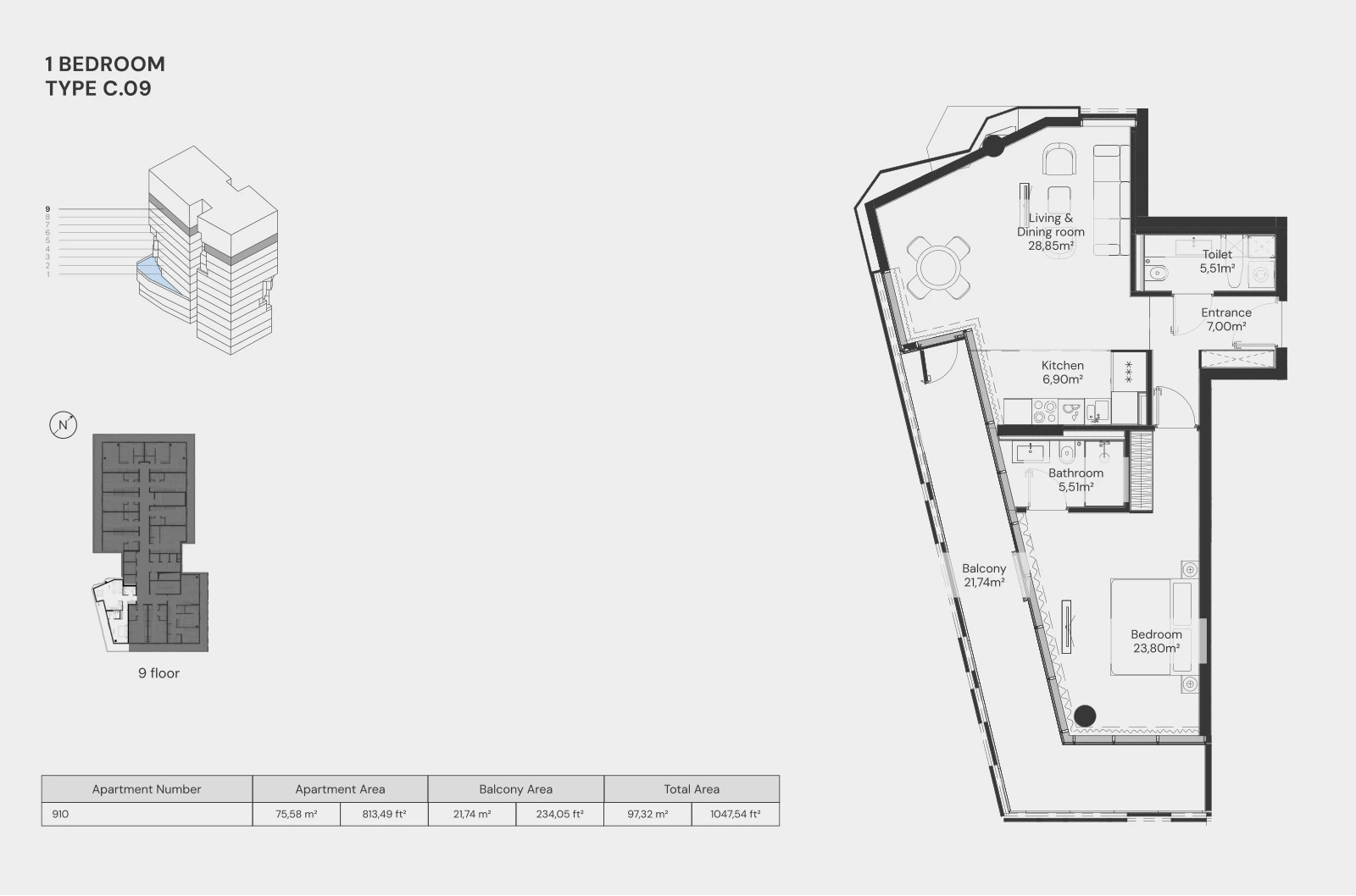 Floor plan for 1 Bedroom – Type C.09