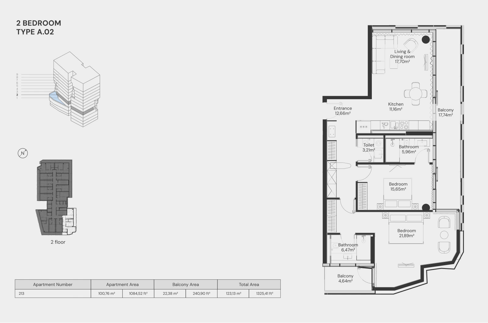 Floor plan for 2 Bedroom – Type A.02