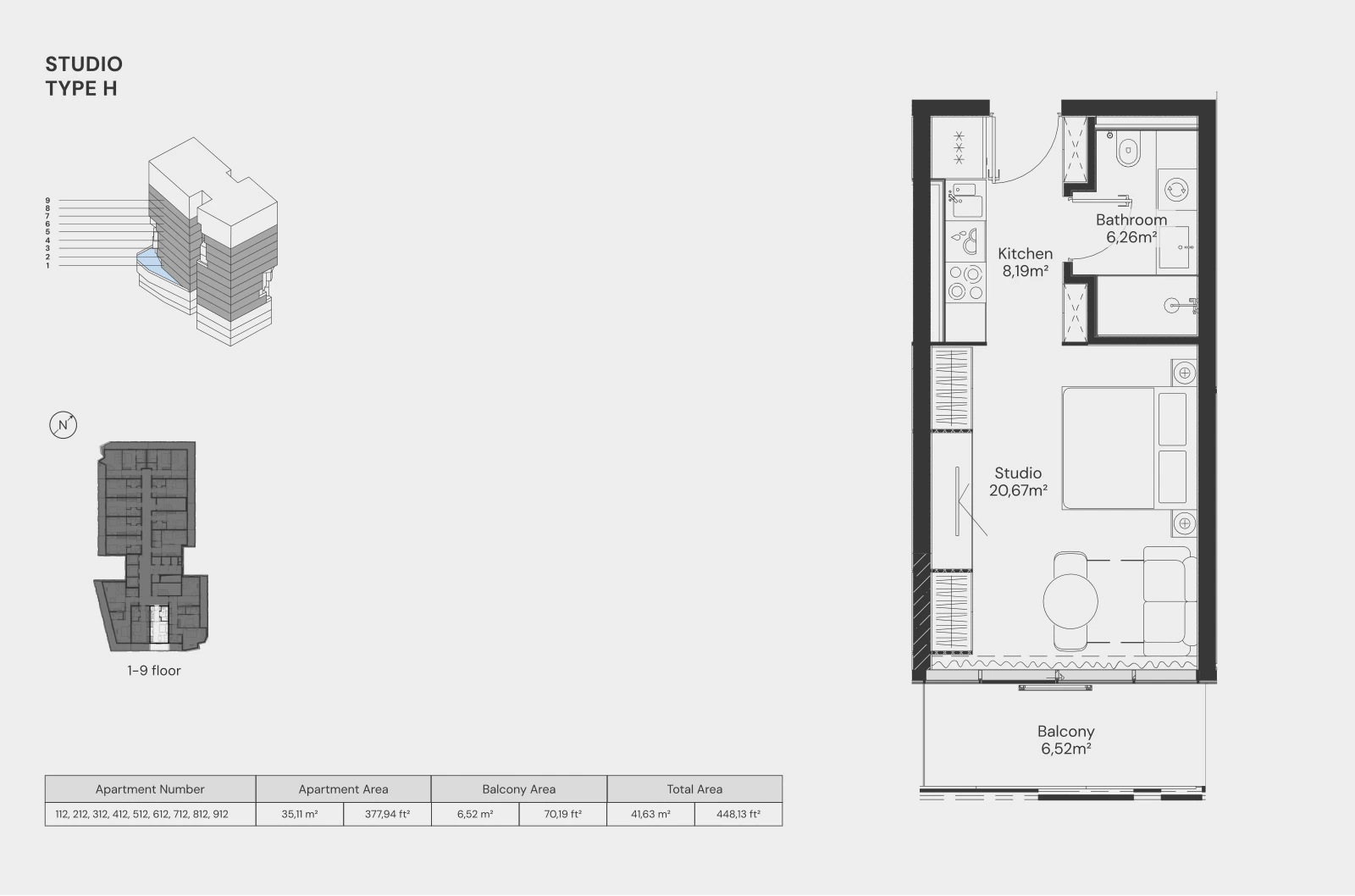 Floor plan for Studio – Type H