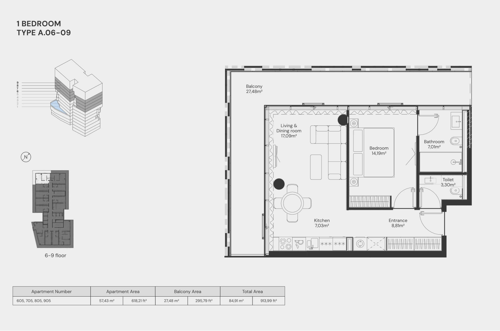 Floor plan for 1 Bedroom – Type A.06-09