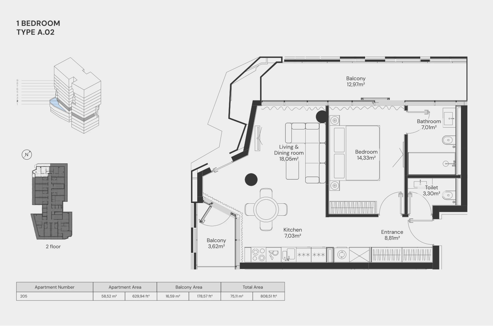 Floor plan for 1 Bedroom – Type A.02