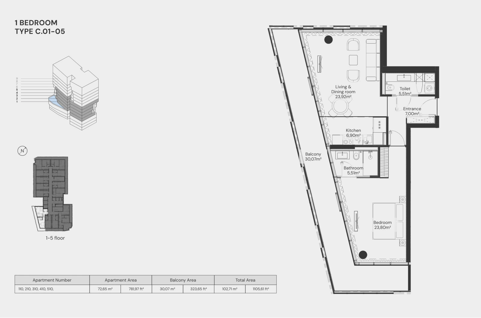 Floor plan for 1 Bedroom – Type C.01-05