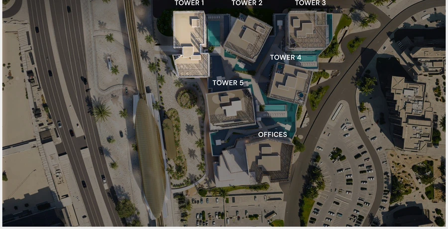 Master plan of John Richmond District showing the five towers and offices in Al Furjan