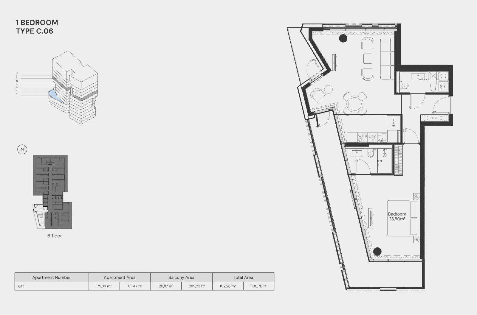 Floor plan for 1 Bedroom – Type C.06