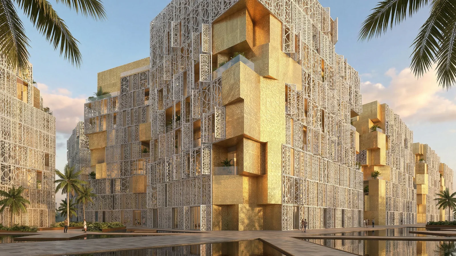 Ground-level view among the John Richmond District towers with landscaped water features