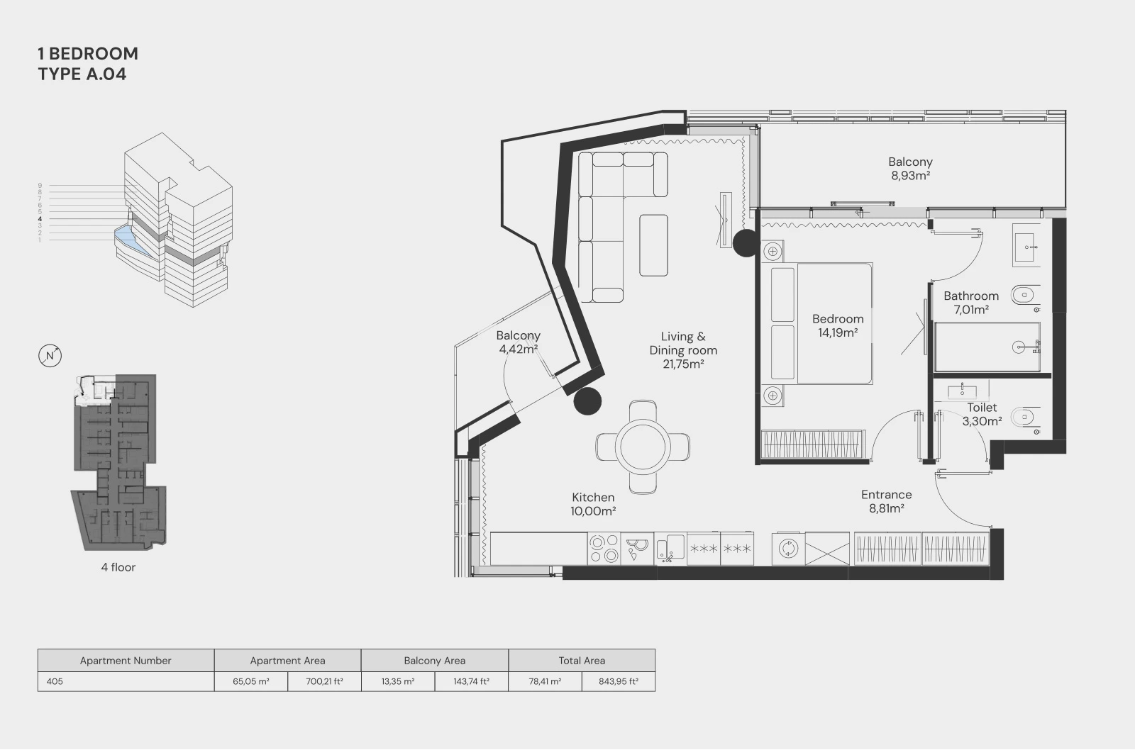 Floor plan for 1 Bedroom – Type A.04