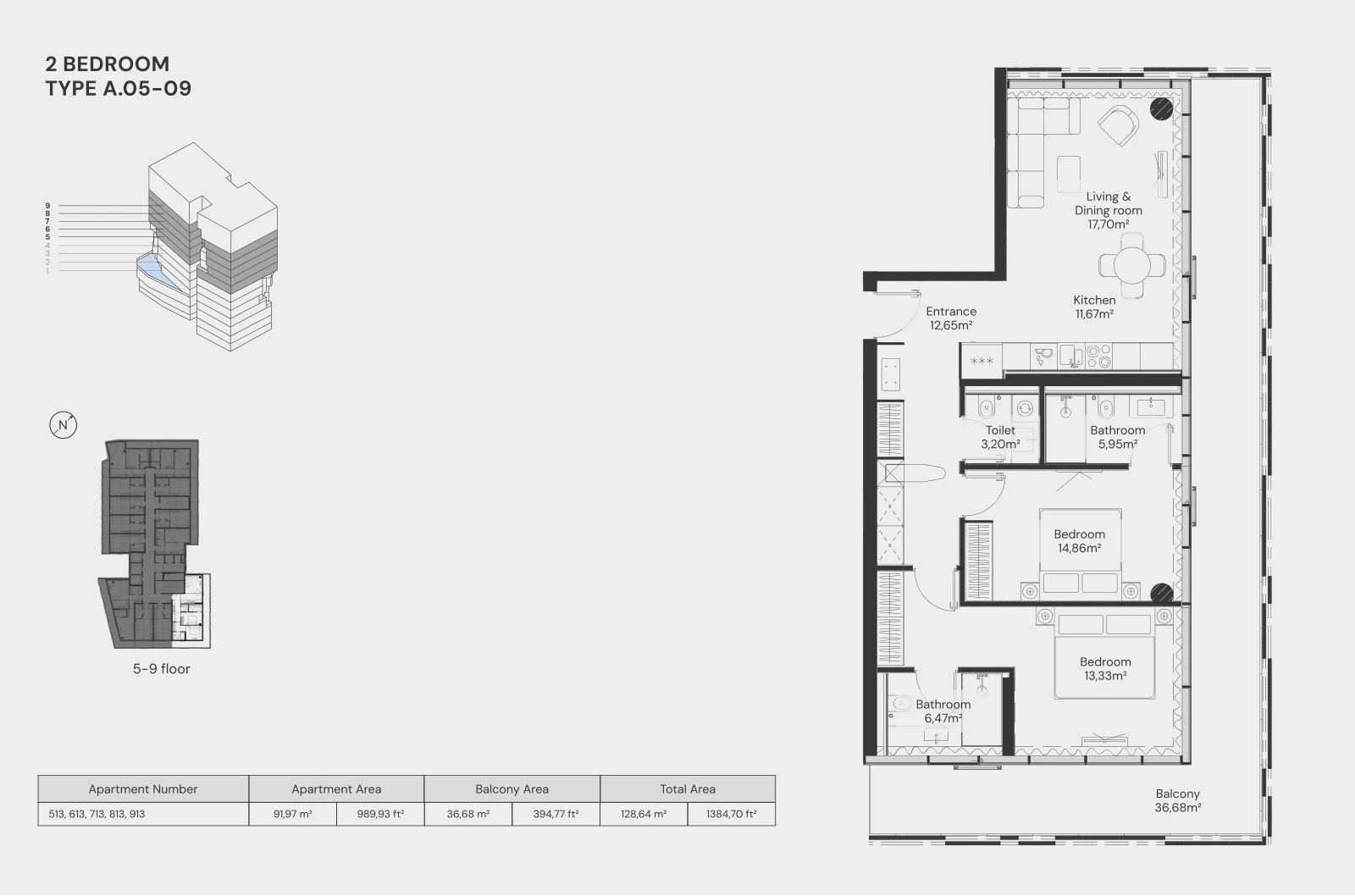 Floor plan for 2 Bedroom – Type A.05-09