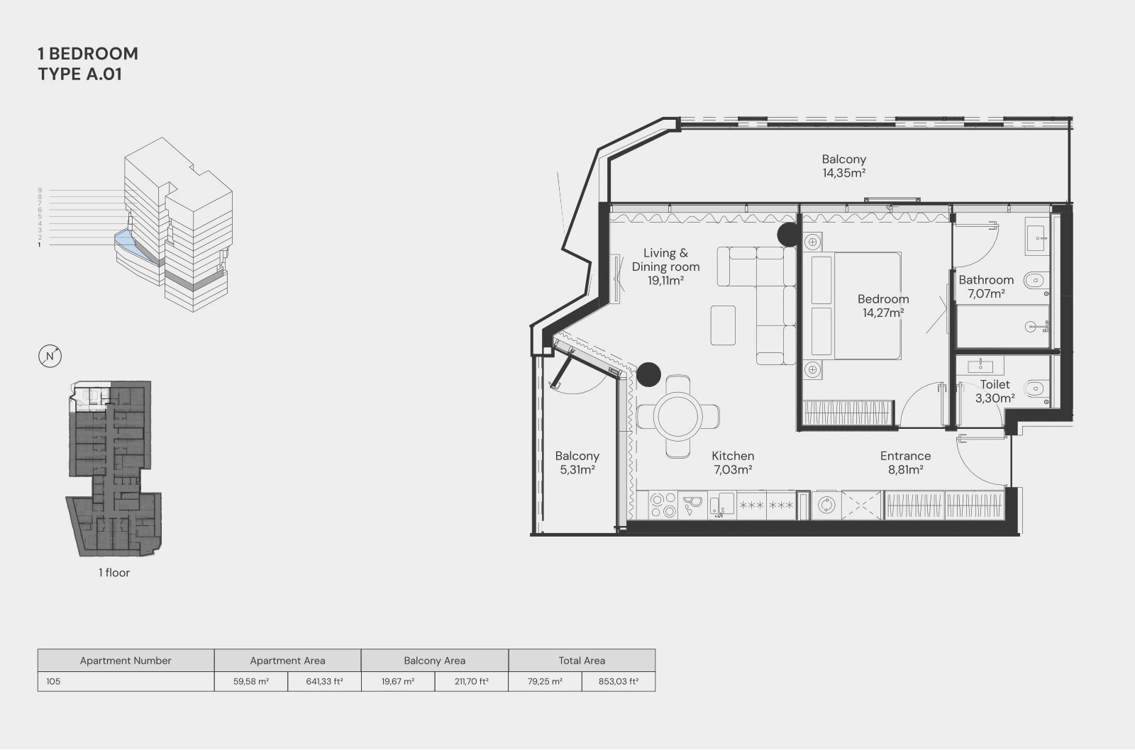Floor plan for 1 Bedroom – Type A.01