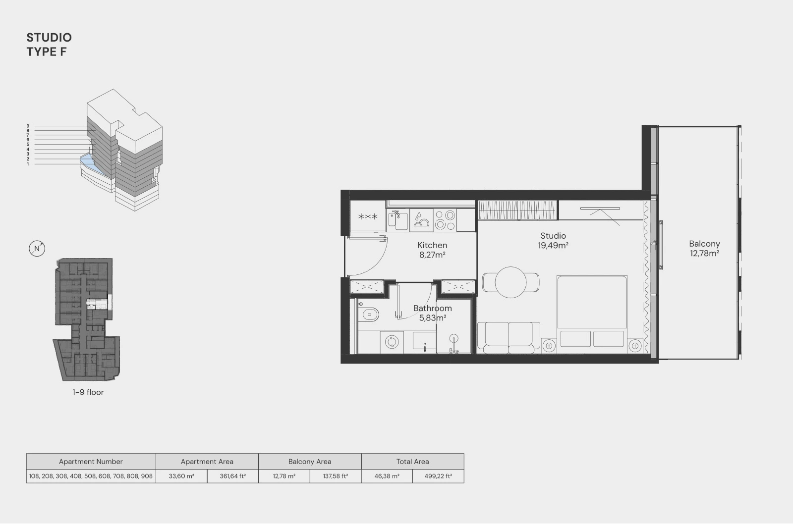 Floor plan for Studio – Type F
