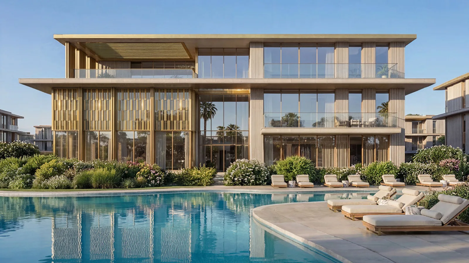 Standalone mansion at Tilal Binghatti with full-height glazing overlooking a private pool