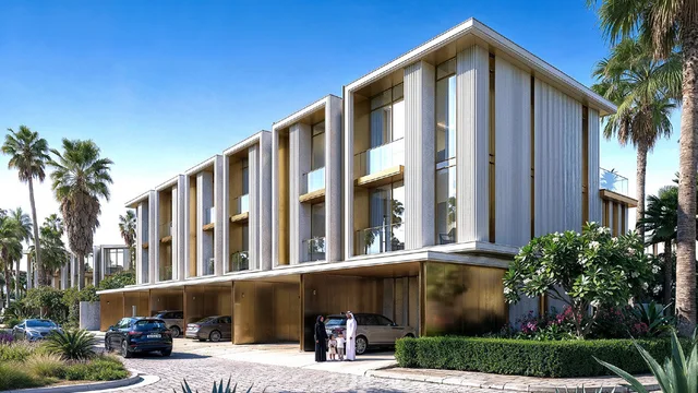 Grand Villa exterior at Tilal Binghatti with timber-fin facade, private car court and landscaped gardens
