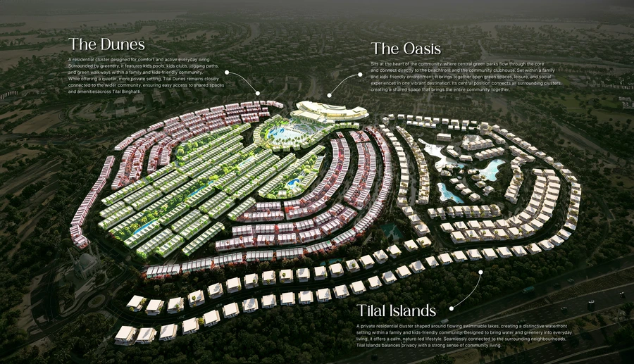 Master plan aerial of Tilal Binghatti showing the full villa and townhouse community in Dubailand