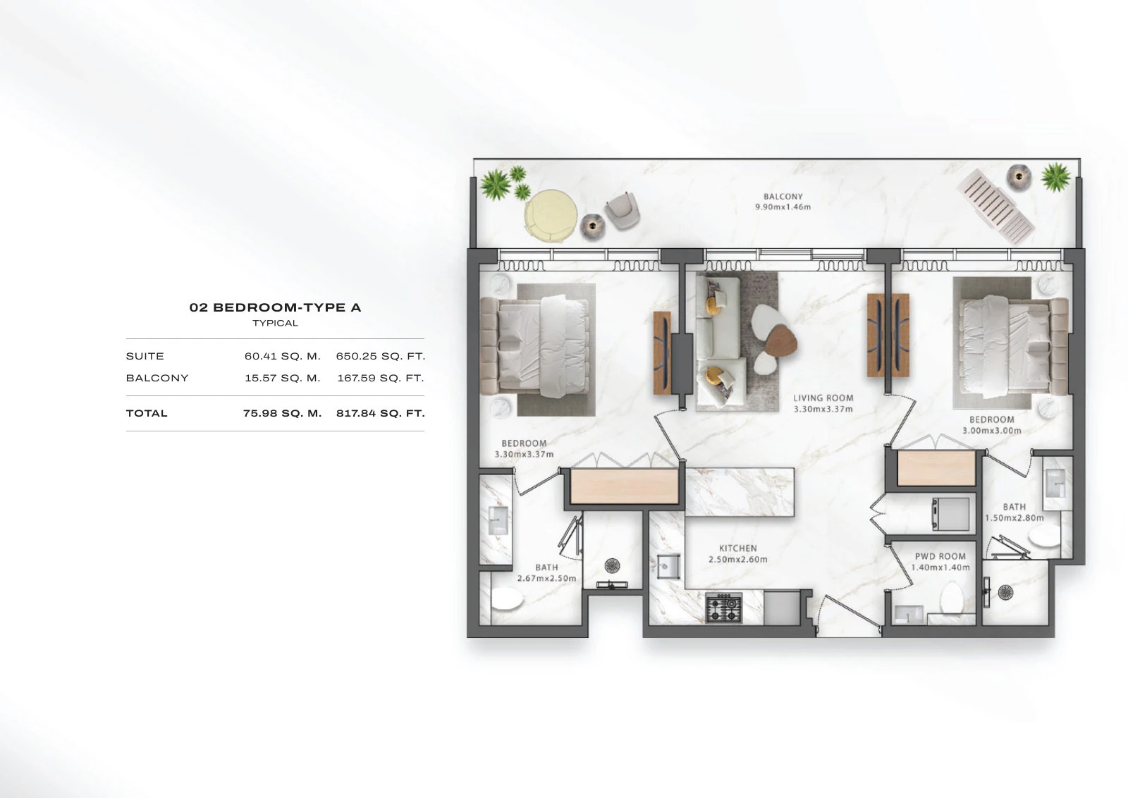 Floor plan for 2 Bedroom – Type A