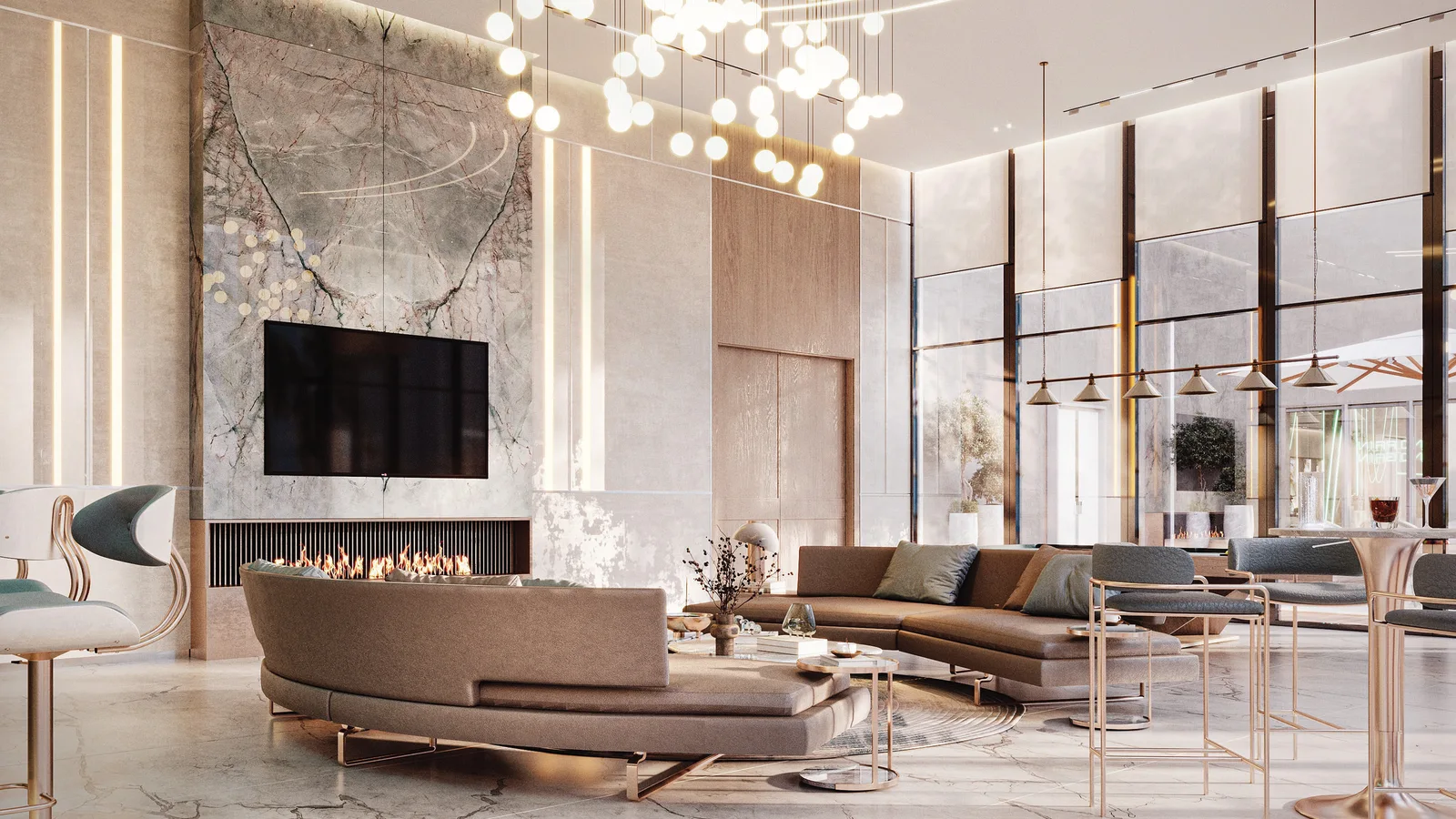 Double-height lobby lounge at One RAK Central – Phase II with marble and designer furnishings